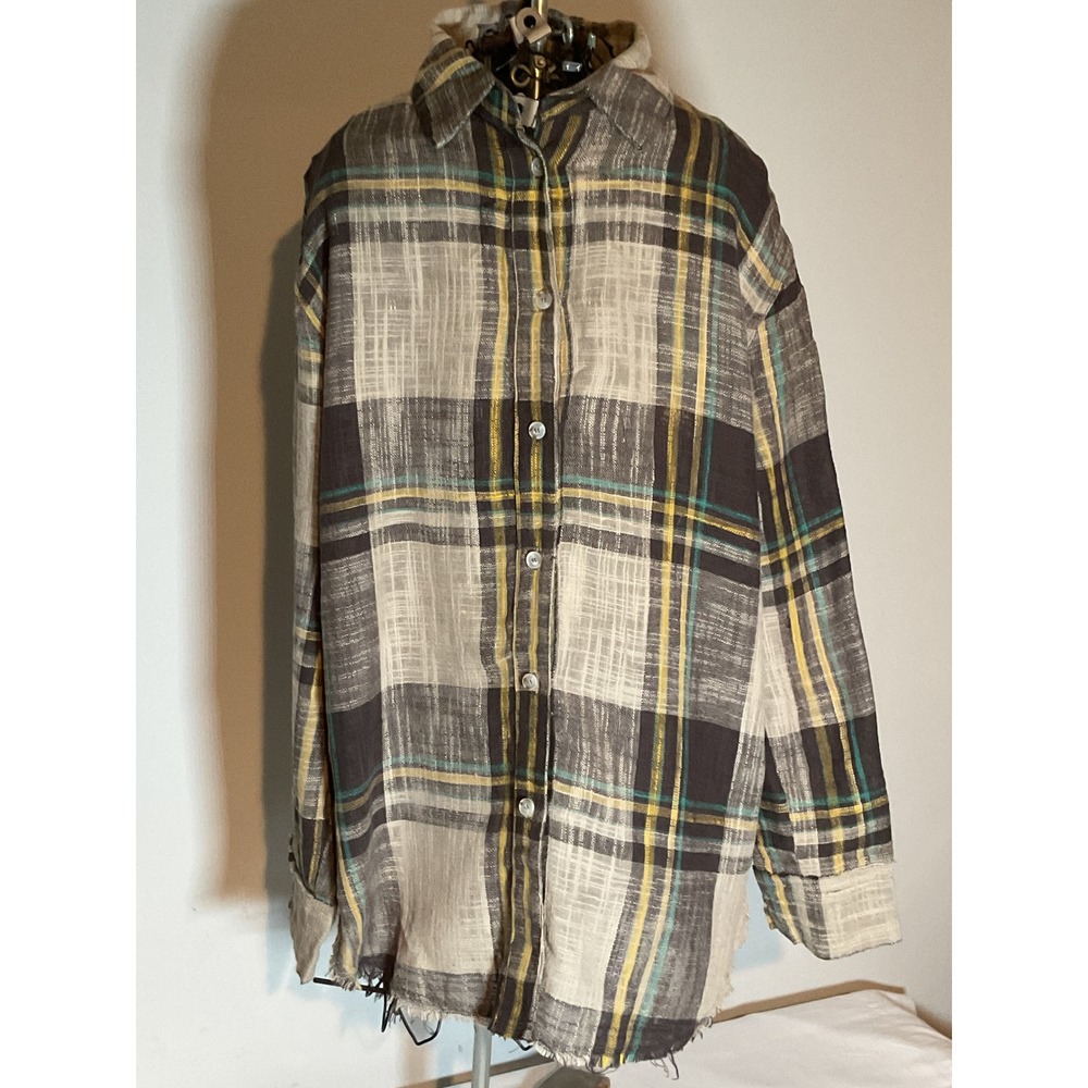 La‎ Miel Brown Plaid Frayed Hem Button Down Shirt Cotton SRT7450 Mens Medium